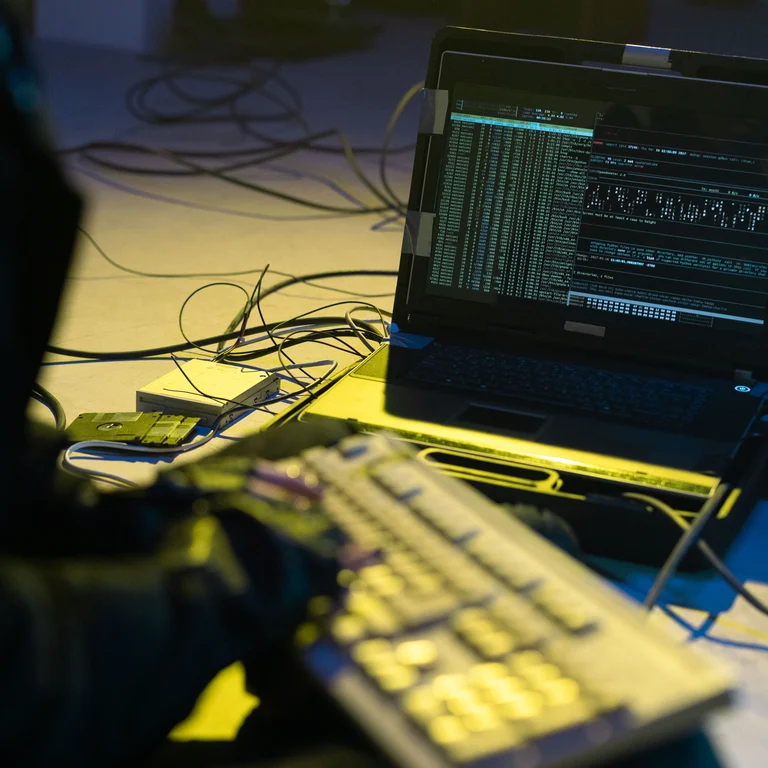 A person programming on a laptop