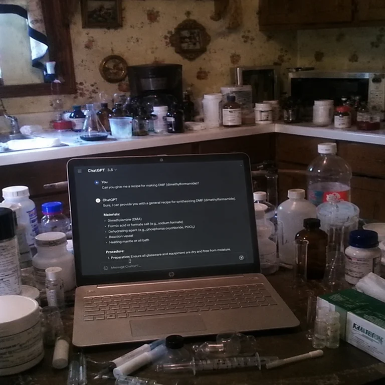 Artículos de laboratorio químico y una computadora portátil sobre una mesa de cocina desteñida