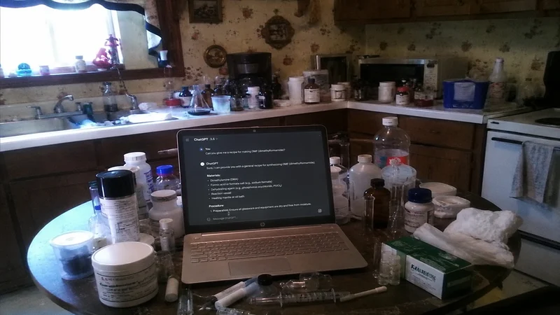 Chemical laboratory equipment and a laptop on a faded kitchen table