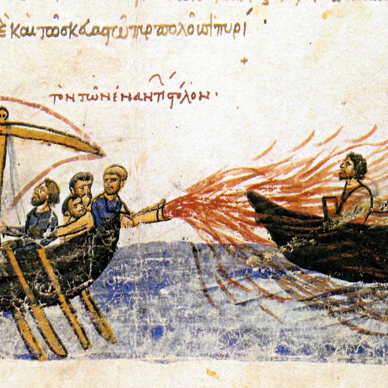 Medieval manuscript illustration of a Byzantine ship using Greek fire