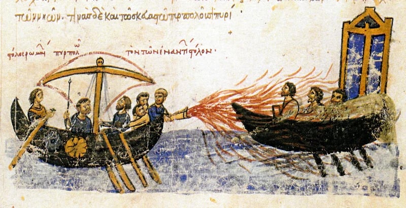Medieval manuscript illustration of a Byzantine ship using Greek fire