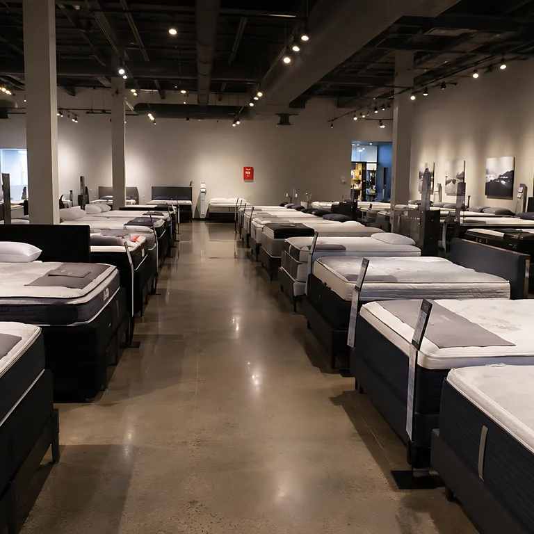A mattress showroom with rows of beds